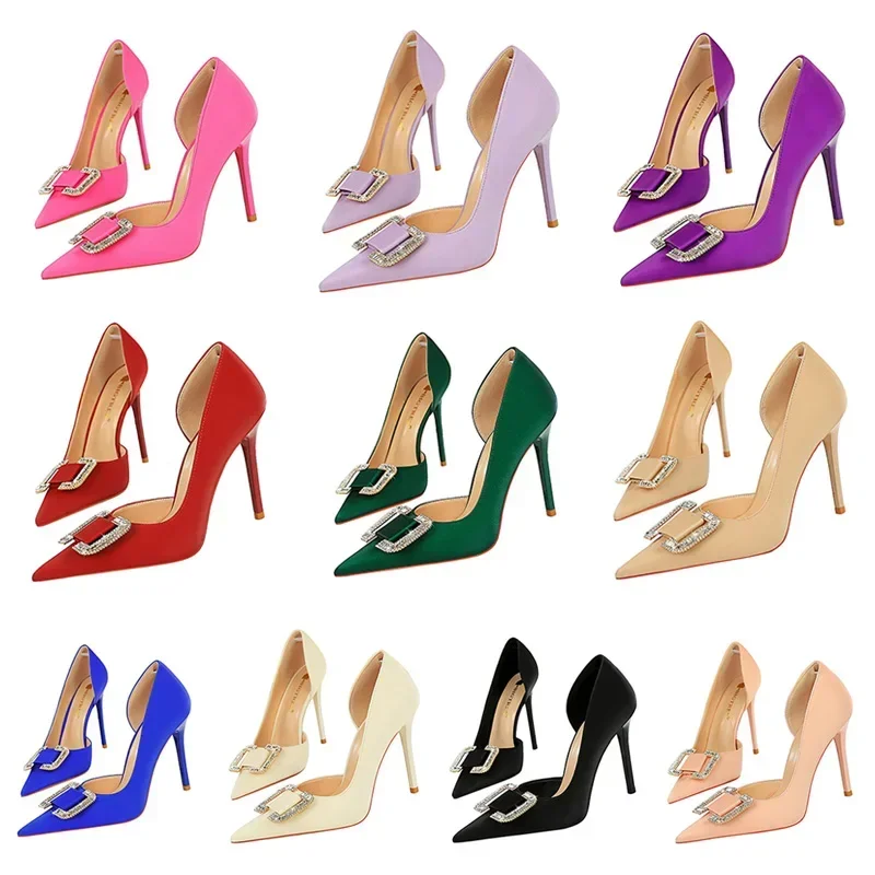 Women Elegant Office Crystal Buckle Blue Purple Silk Satin Pumps Lady 11cm High Heels Side Hollow Wedding Evening Party Shoes