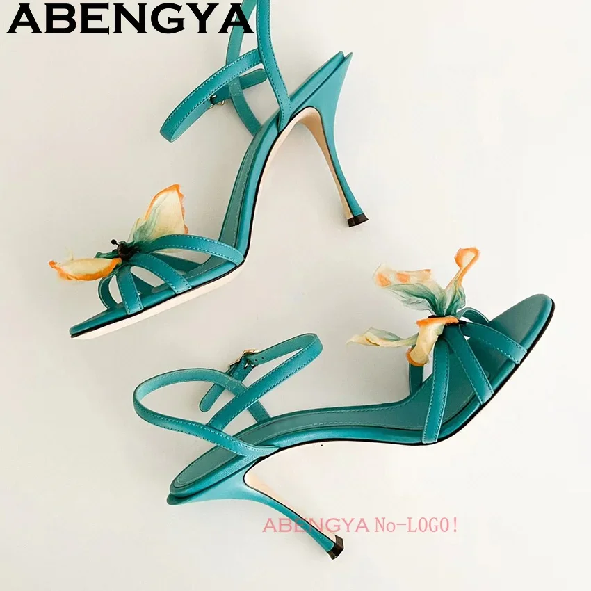 Blau Schmetterling Offene spitze Dünne High Heels Schuhe Frauen Schmale-band Knöchel Schnalle Gladiator Sandalen Sommer Sexy Kleid Schuhe mujer