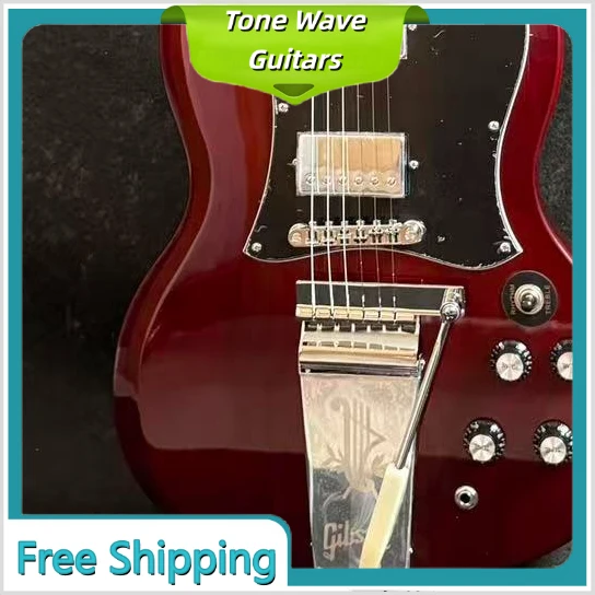 Vintage Rote SG-Style Gitarre Mahagoni-Korpus Ebenholz-Griffbrett 22 HH Tonabnehmer Tremolo-Brücke Retro-Ton Klassische Rock-Blues-Performance