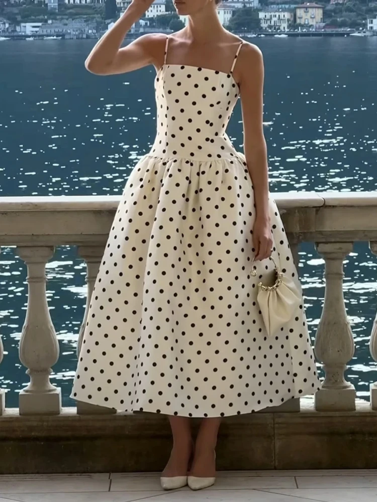 Abito a trapezio sexy con cinturino per spaghetti a pois Abito da donna senza maniche con scollo quadrato a vita alta Abiti lunghi Abiti da sera eleganti