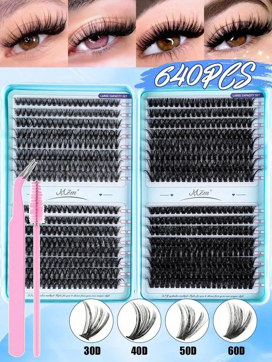 640 Stück 10D-60D Wimpernbüschel, 0,07mm Biegung 10-16mm, 3D Russisches Volumen, Wiederverwendbar für Anfänger, Zuhause, Reisen & Geschenke Image