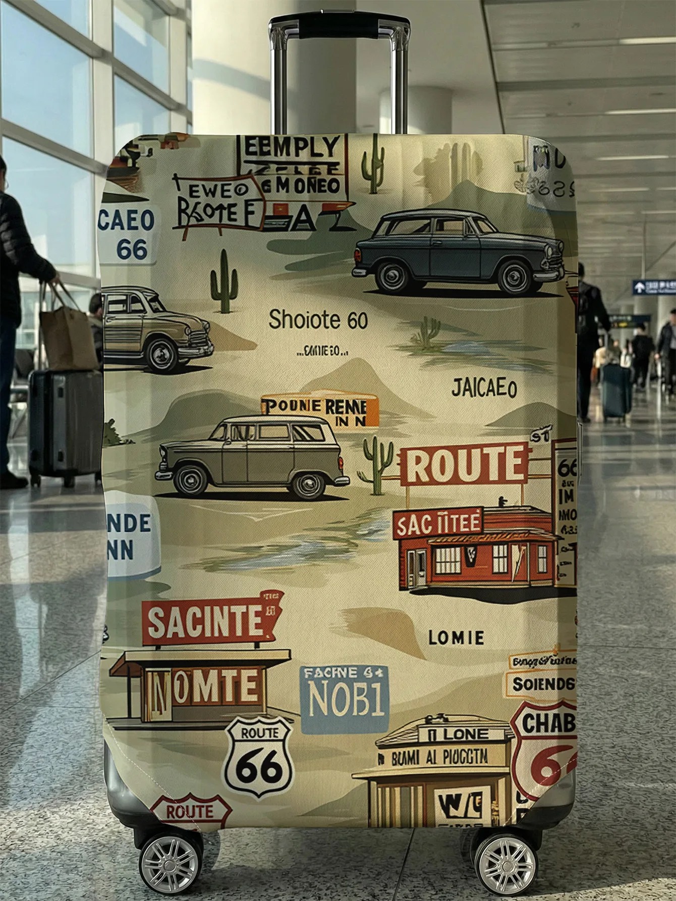 Gepäckabdeckung mit Aufdruck „Route 66 Vintage Car“, geeignet für 18–32 Zoll große Gepäckabdeckungen, Gepäckgriffhandschuhe, Reisezubehör