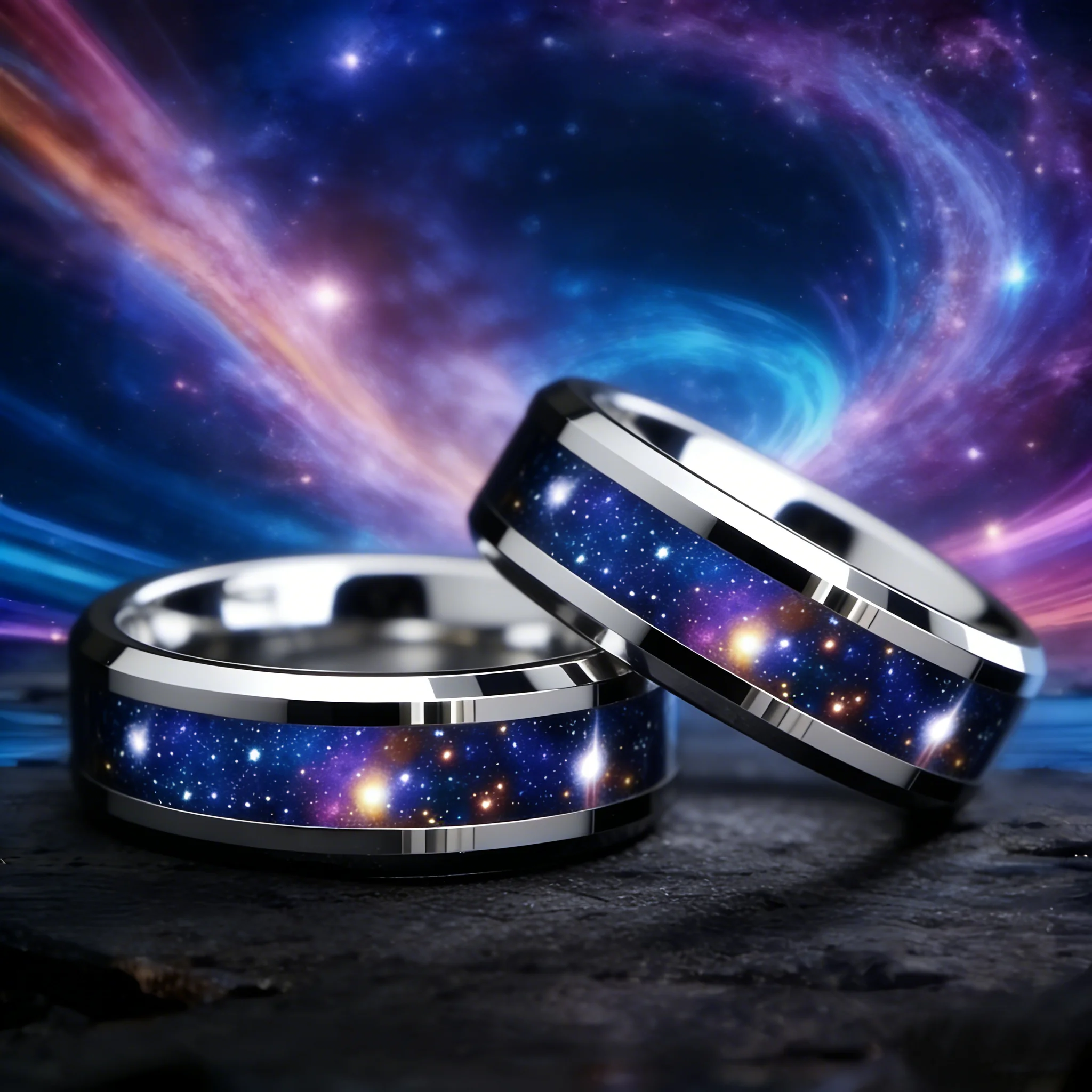Mit Orion-Nebel-Opal-Galaxie-Sternenhimmel-Design-Ring, modischer 8mm silberfarbener Herren-Edelstahlring für Männer, Hochzeitsschmuck Image