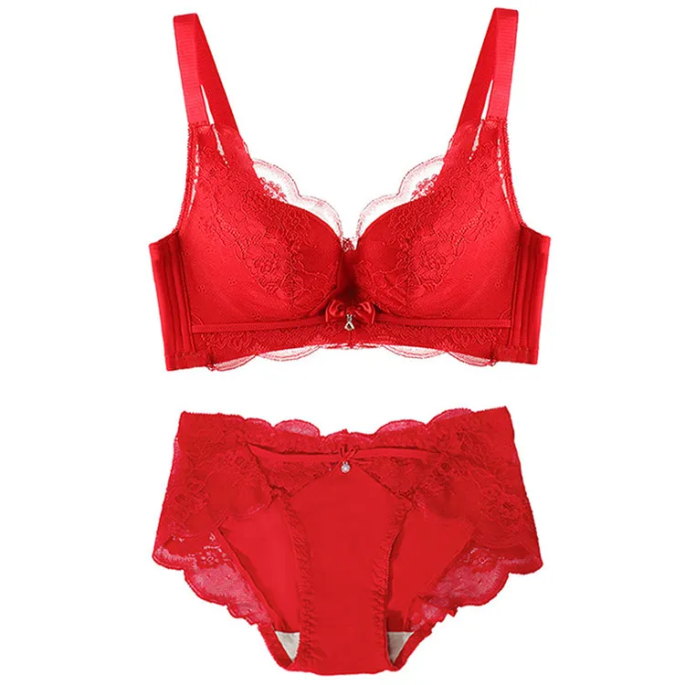 Heiß begehrtes, sexy rotes Hochzeitsunterwäsche-Set ohne Bügel, Spitzen-Push-up-BH, Anti-Sag-Lingerie für Damen, Glücksjahr, große Größen 32-40