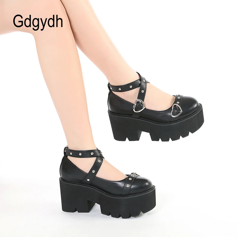 Gdgydh Block Ferse Schuhe Frauen Schnalle Plattform Schwarz Gothic Cosplay Lolita Mary Janes Pumps Schuhe Süße Frühling Sommer Große Größe