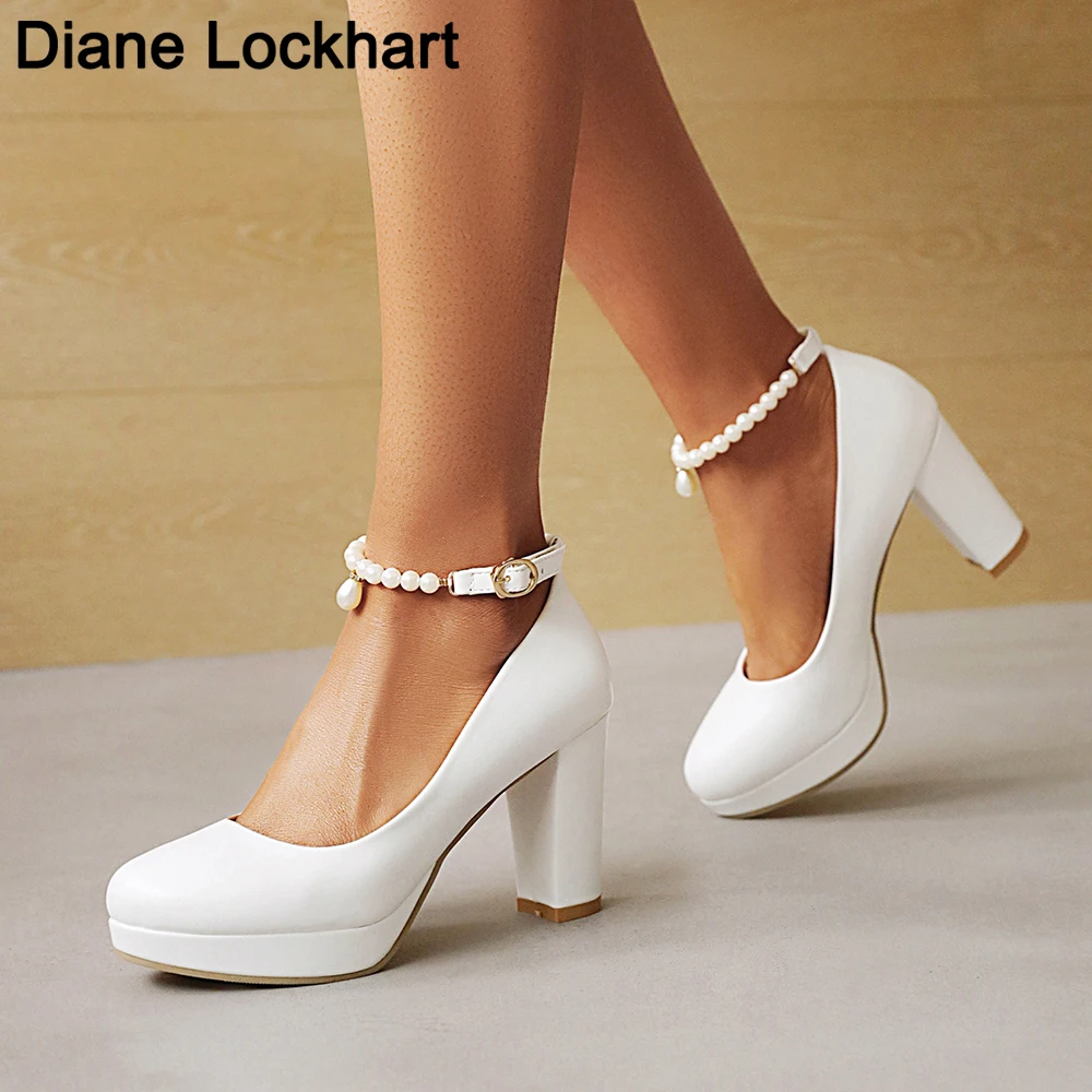 Block Ferse schuhe Weiß Hochzeit Schuhe Frauen Perle Kette Pumpen Plattform high heels Ankle strap Damen Büro Partei Tanz Schuhe 33