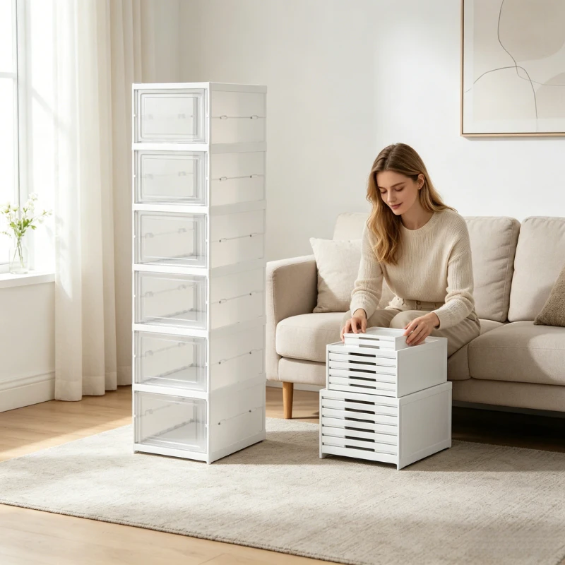 6-stöckiger Haushalts-Sneaker-Organizer, faltbar, transparent, stapelbar, staubdicht, Schuhschrank