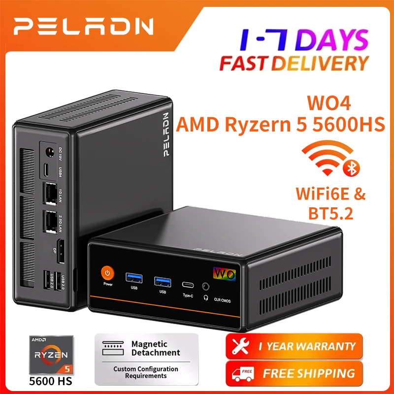 PELADN Mini-PC AMD Ryzen 5 5600H (6C/12T, bis zu 4,2 GHz), WiFi 6/BT5.2 Mikro-PC für Gaming & Büro Barebone