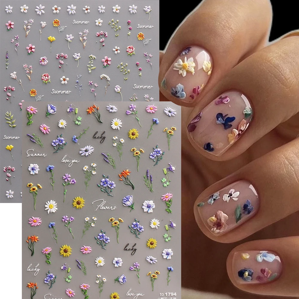 1/2 pz Adesivi 5D per Unghie con Fiori Incisi, Adesivi 3D per Nail Art con Fiori Selvatici, Margherite, Petali di Fiori Secchi, Decorazioni Fai da Te per Manicure