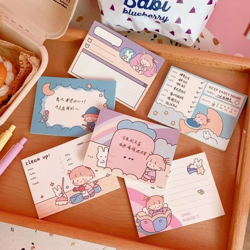 Büro- und Schulbedarf: Niedlicher Cartoon-Mädchen-Notizblock im koreanischen Stil – Süßer Memo-Block für Studenten – Kawaii Schreibwaren Image
