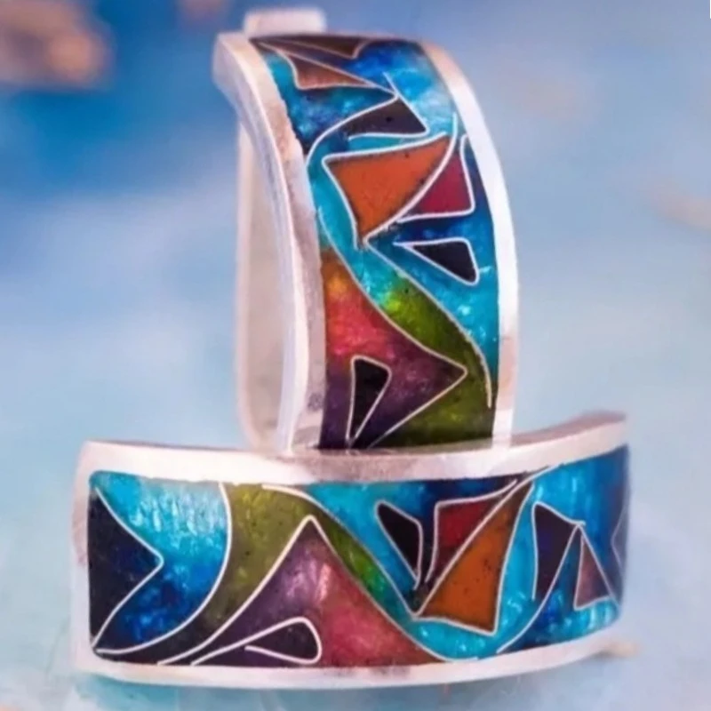 Exquisite bunte Emaille-Lack-Ohrringe für Damen, versilbert, im Ethno-Stil, modische Creolen, Schmuckzubehör Image