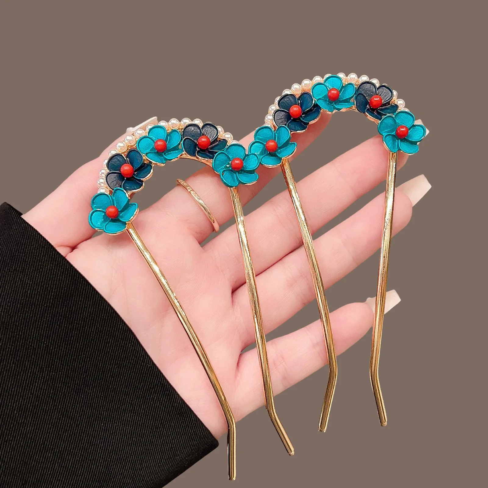 Blue-Pearl U-förmige Haarnadel im neuen chinesischen Stil aus Legierung, elegantes Design für Hochzeiten, Partys Image