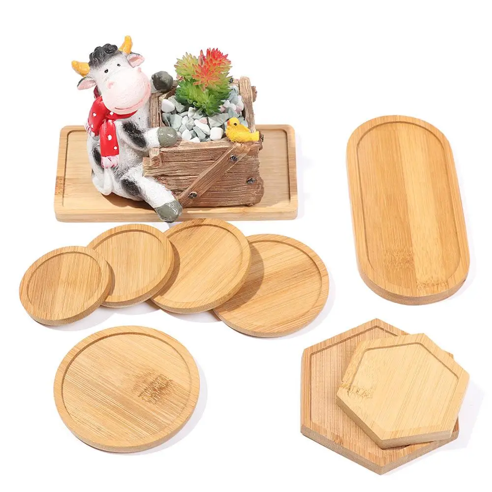 1pc einfache Bambus Holz Tablett runde quadratische Sechseck Blumentopf Basis Topf Stander Sukkulenten Bonsai Halter Wohnkultur Garten Geschenk Image