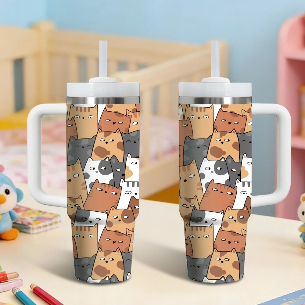 Lustige Katzengesicht-Isolierflaschen 40oz Edelstahl Isolierbecher mit Griff & Strohhalm Auslaufsicherer Reisebecher Image