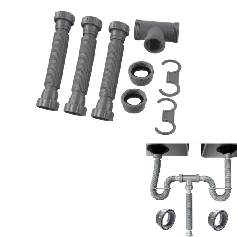 Verstellbares Küchenspülen-Abflussset, Doppelwaschbecken-Abflusskit, Geruchssperre-Set, P-Siphon, Spülbecken-Abflussgitter, Schlauch für Küche und Bad