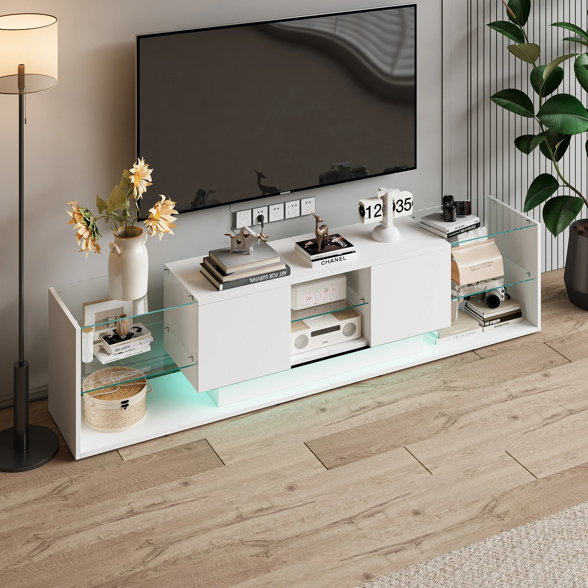 Meuble TV Rosahqnda avec 5 étagères en verre, meuble TV bas avec éclairage LED, meuble TV pour téléviseurs jusqu'à 80 pouces pour salon, chambre à coucher