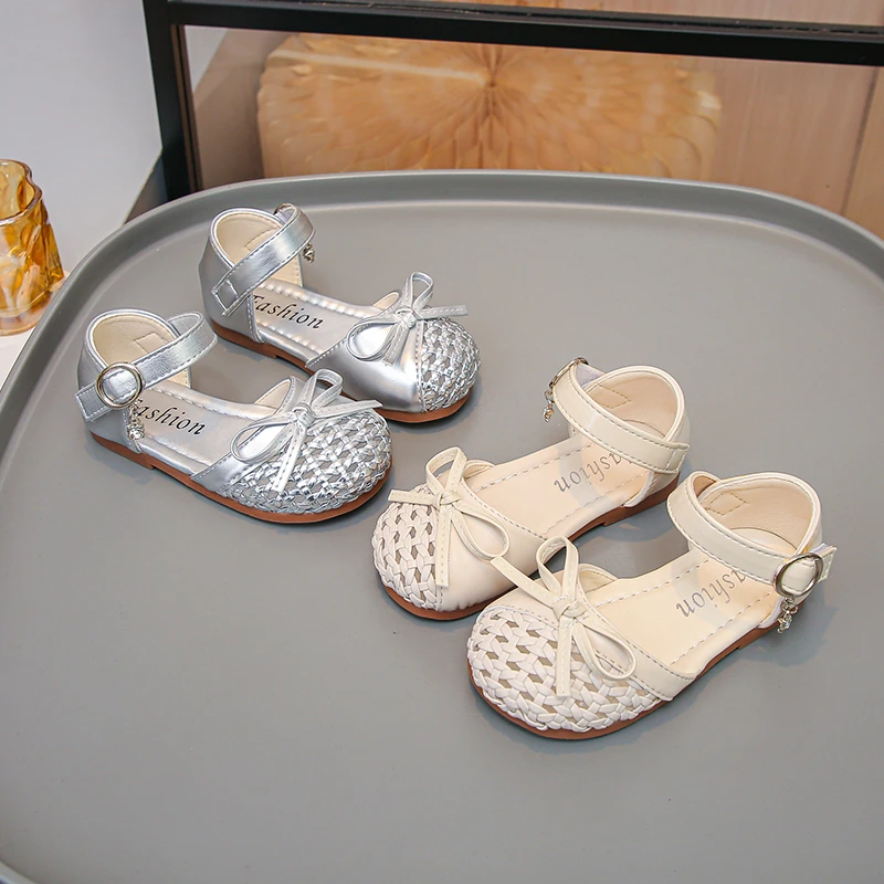 Sommer-Prinzessinnenschuhe für Mädchen, geflochtene Schleife, niedliche, elegante flache Kinderschuhe, einfarbig, rutschfest, bequem, für den Alltag, Kinderschuhe, 4–6 Jahre