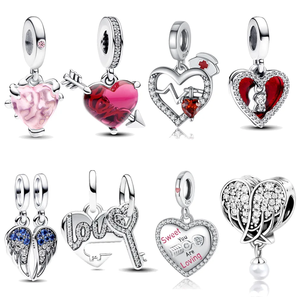Versilberter Charm-Anhänger mit geteilten Engelsflügeln und blauen Zirkonia, passend für Armbänder, Schutzengel-Schmuck Image
