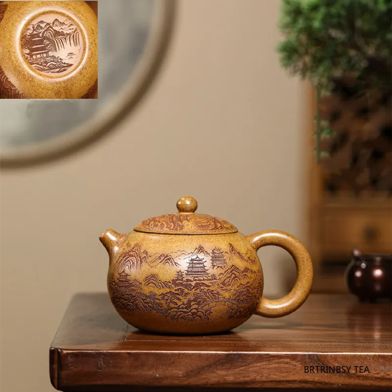 Chinese Yixing Handmade Purple Clay Teapot Hand-carved Landscape Xishi Tea Pot Beauty Kettle Household Zisha Tea Set 420ml