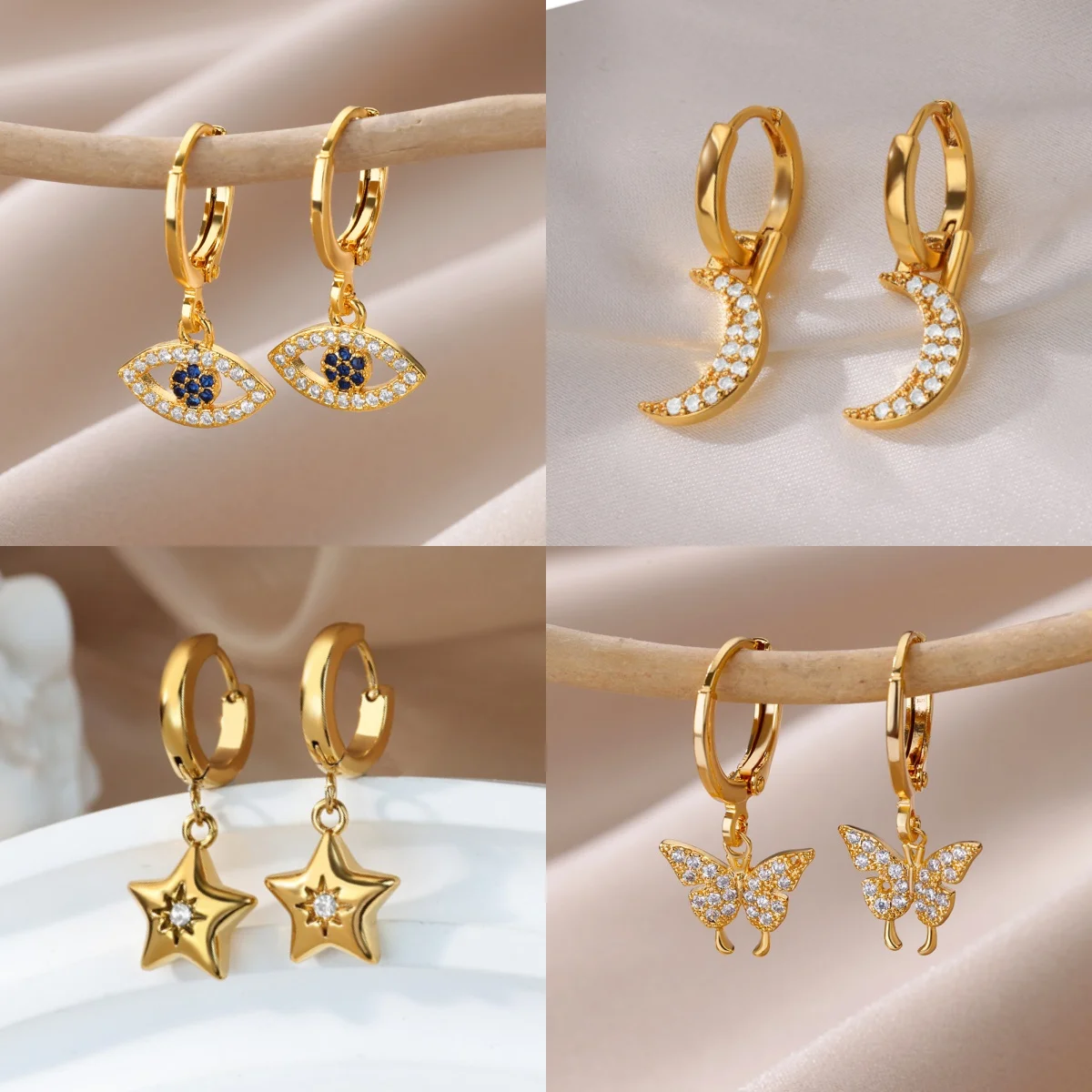 Vintage Teufelsauge Damen-Ohrstecker 18K Vergoldete Schmetterling Süßer Schmuck Ohrringe Geschenk Image