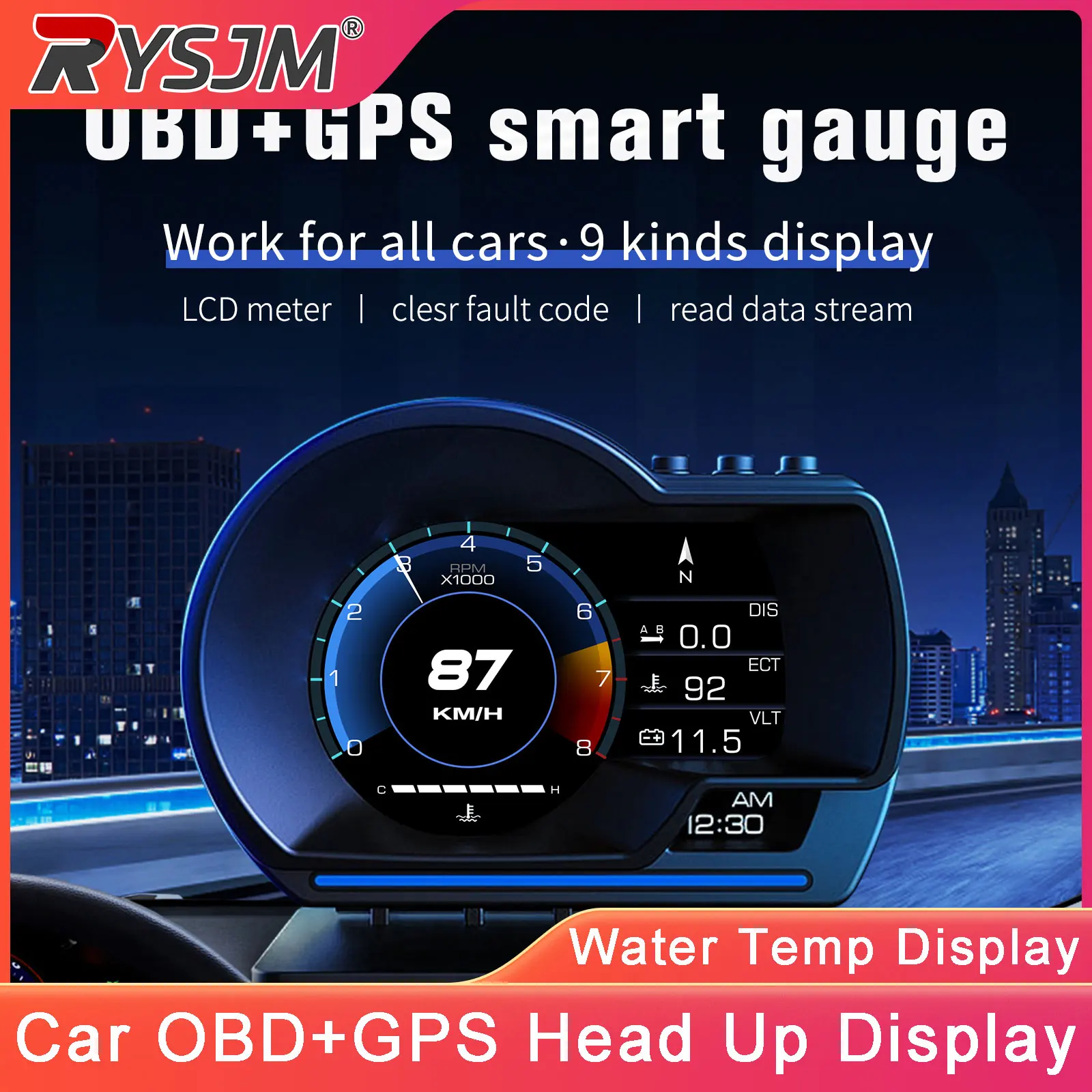 Head-Up-Display Auto OBD+GPS Dual-System Auto-HUD-Anzeige Digitaler OBD2-Tachometer Turbo-Drehzahlalarm für Auto und LKW Image