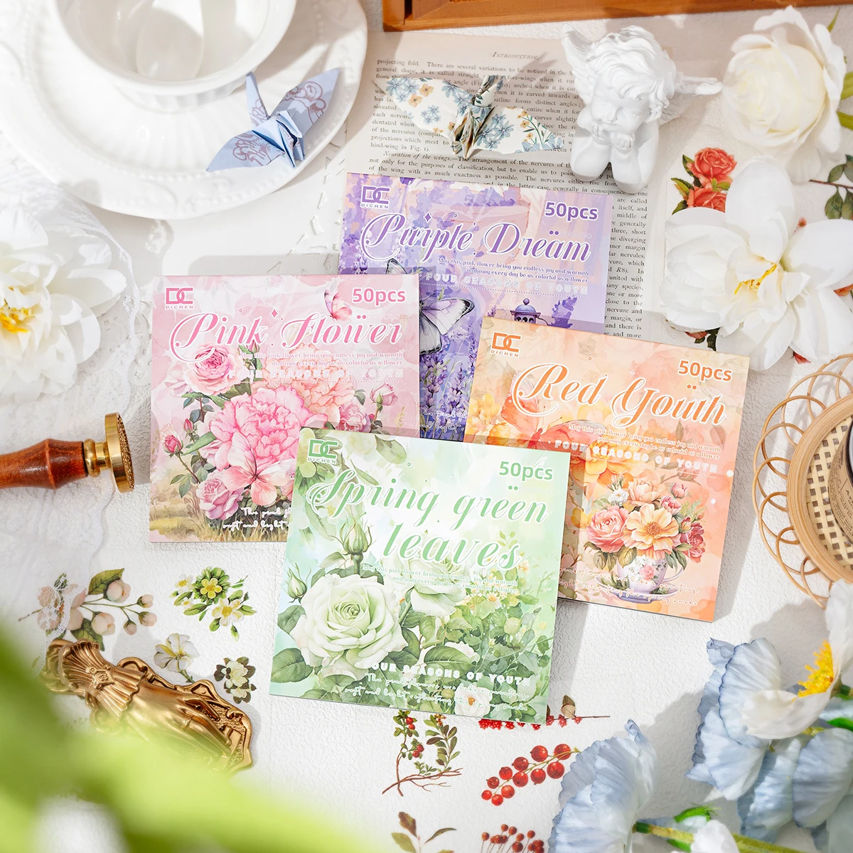 50 Stück Helle Blumen-PET-Wasserdichte Aufkleber-Bücher, Aufkleber-Materialpapier-Set, für Tagebücher und Scrapbook-Dekoration, DIY-Geschenk Image