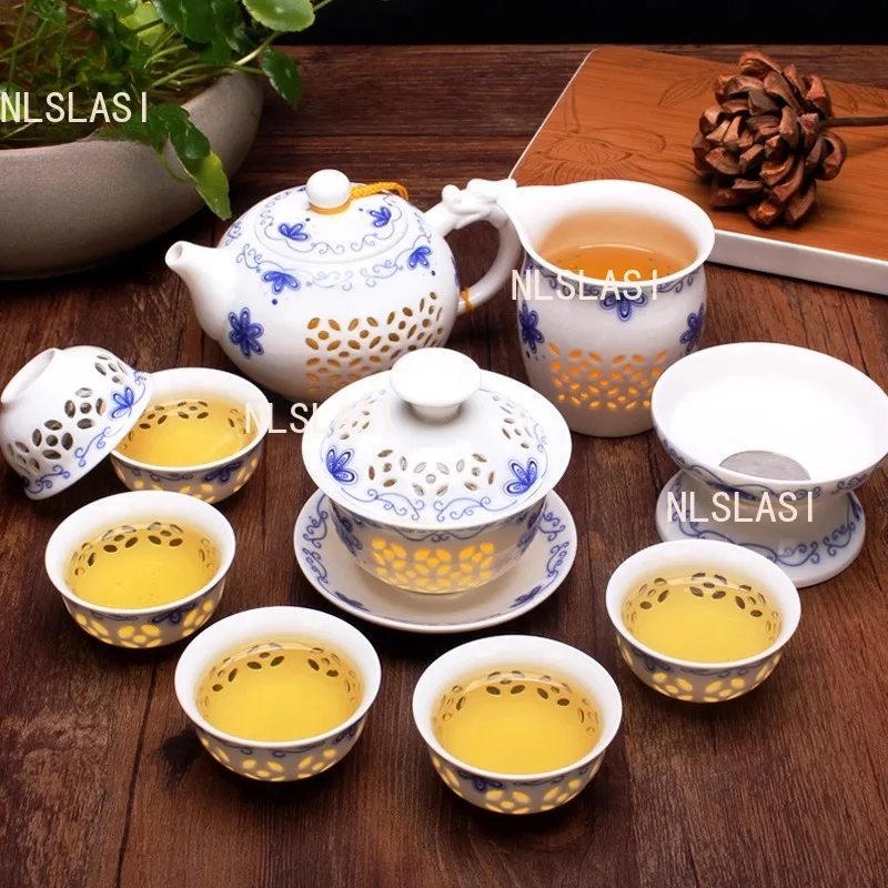 Blue and White Porcelain Hollow Tea Set Linglong Tea Set Teapot Kung Fu San Cai Gai Bowl Household Chinese Style Set