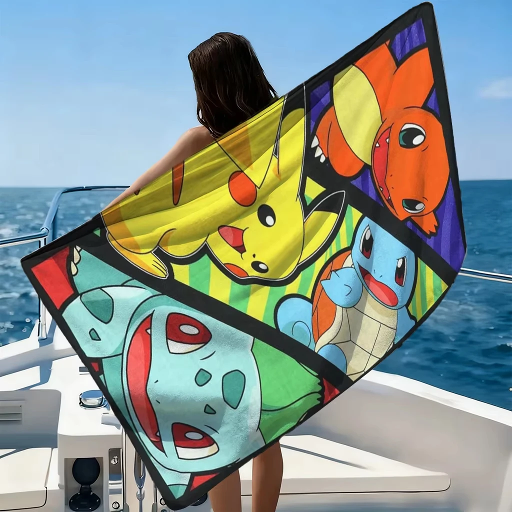 Retro Pokemon Starters Strandtuch, Mikrofaser, schnell trocknend, atmungsaktiv, große Größe, für den Urlaub am Pool, Badezimmer, Handtuch mit Pikachu-Aufdruck Image