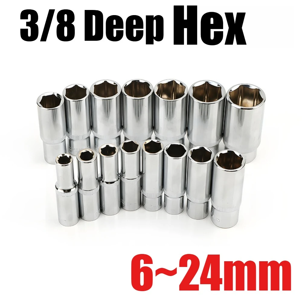 3/8-Zoll-Steckschlüssel mit 6-Punkt-Tiefkopf, 10-mm-Loch, Sechskant-Verlängerungshülsenkopf, Größen 6, 7, 8, 9, 10, 11, 12, 13, 14, 15, 16, 17, 18, 19, 20, 21, 22, 23, 24 mm