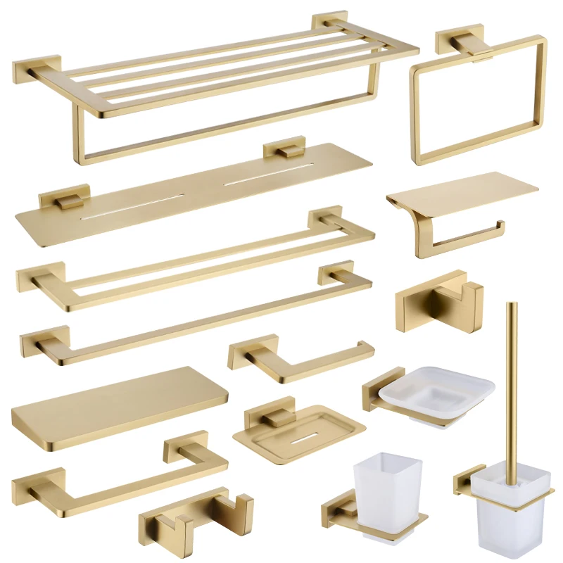 Ensemble d'accessoires de salle de bain en or brossé : Porte-brosse WC, Porte-papier toilette, Porte-serviettes, Porte-savon, Crochets et autres accessoires de quincaillerie