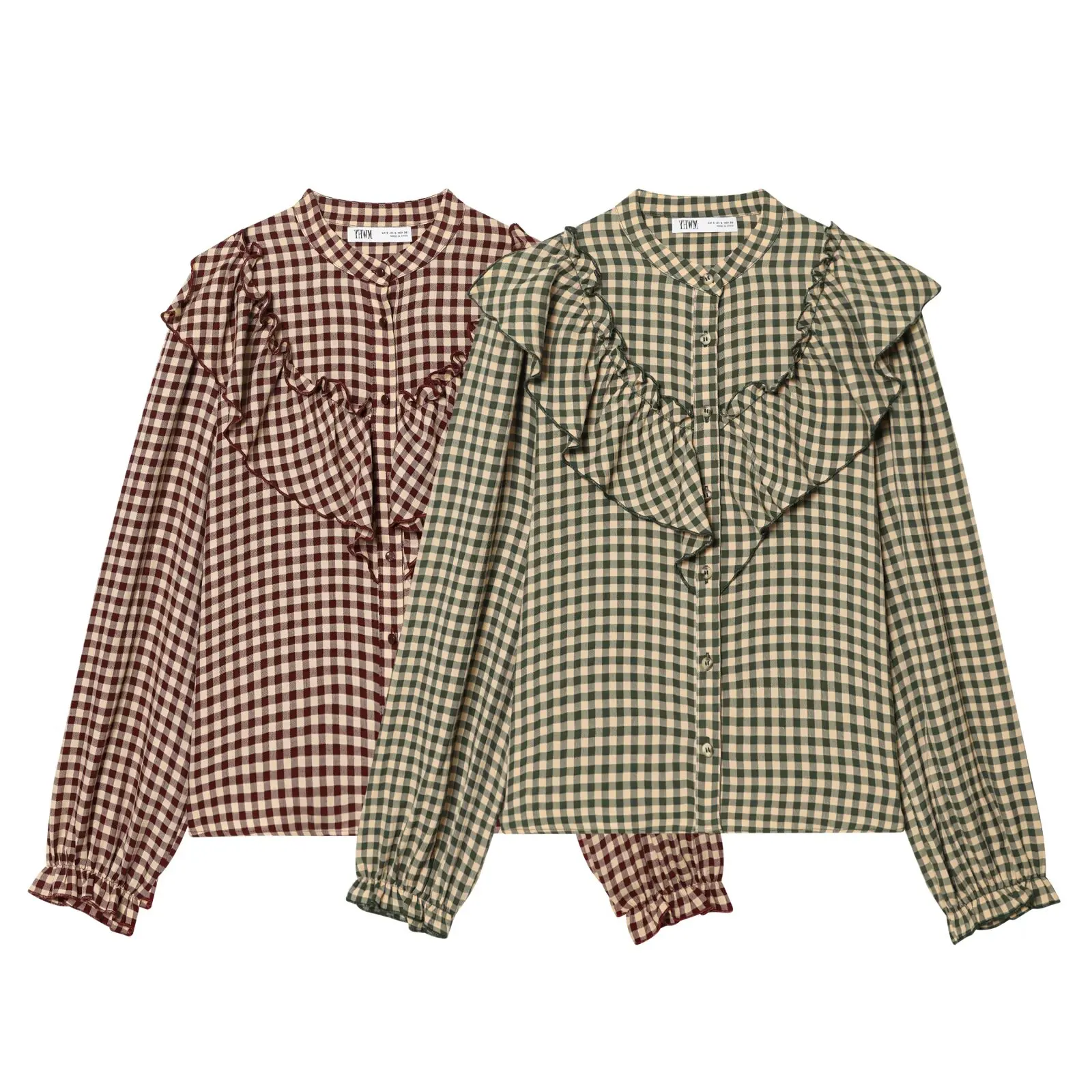 Zevity Damen-Bluse im Vintage-Stil mit Stehkragen und Karomuster, Büro-Damen-Bluse mit kaskadierenden Rüschen und Knöpfen, schickes Hemd, Blusen, Tops, LS9540