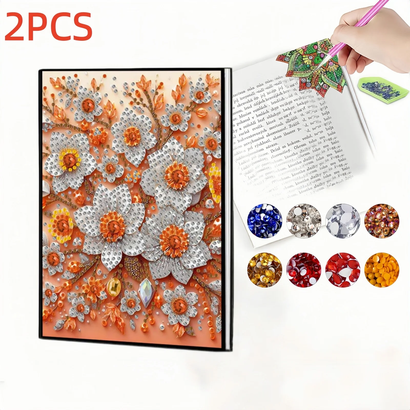 2 Stück, 1 Diamond-Painting-Notizbuch + 1 Lesezeichen, Blumenmuster, PU-Leder, geeignet zum Schreiben, Malen, als Weihnachtsgeschenke Image