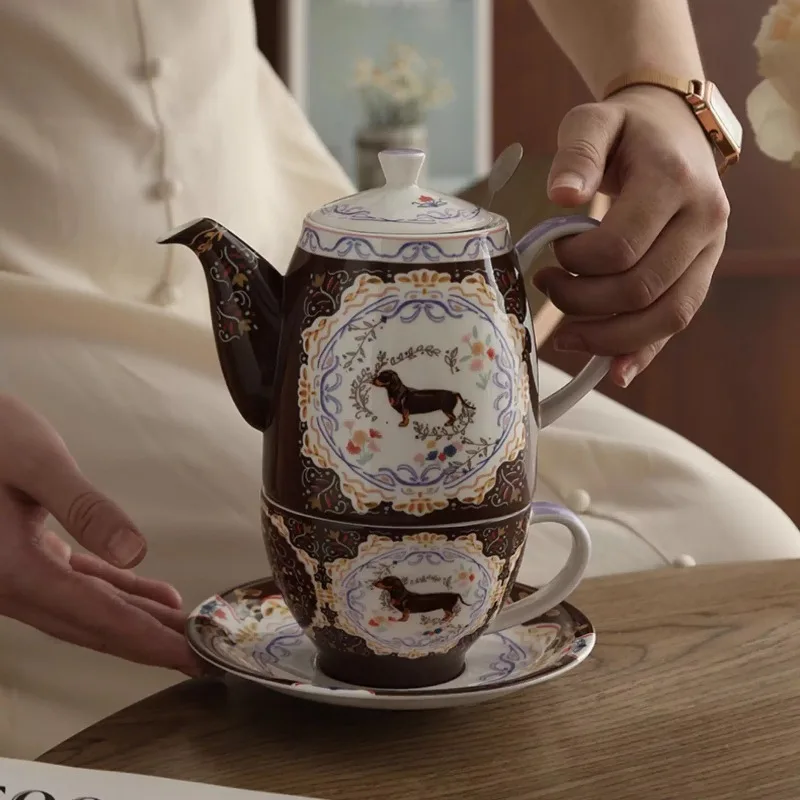 Dachshund Bone China Bell Pot Tea Set Filter Teapot Cup Saucer Ceramic Tea Set New Year Gift Household Goods