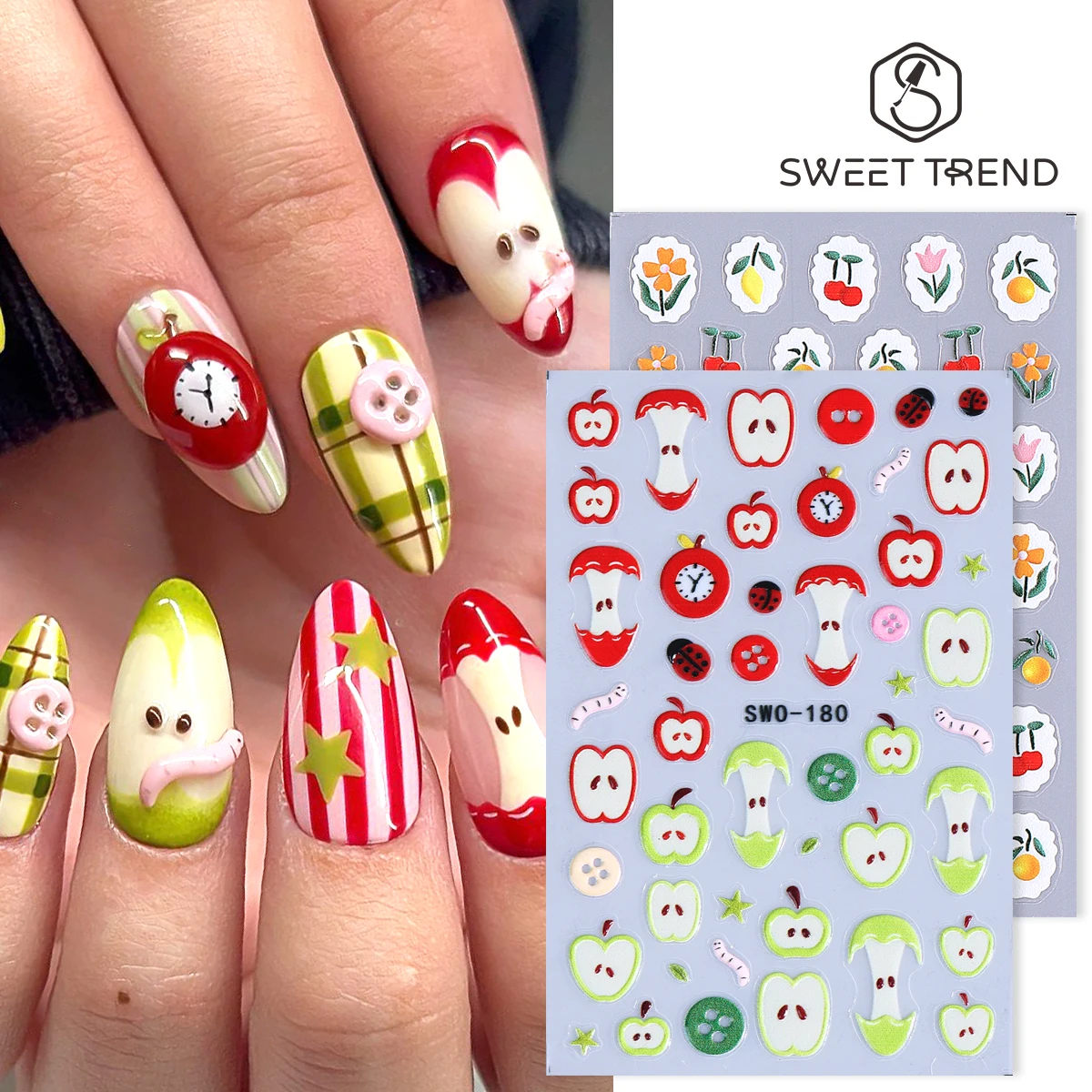 2 Stück Niedliche Apfel-Matte-Nagelaufkleber: Beißender Apfelkern, Raupen- und Marienkäfer-Motiv, Selbstklebende Dekorationen für Sommer-Maniküre Image