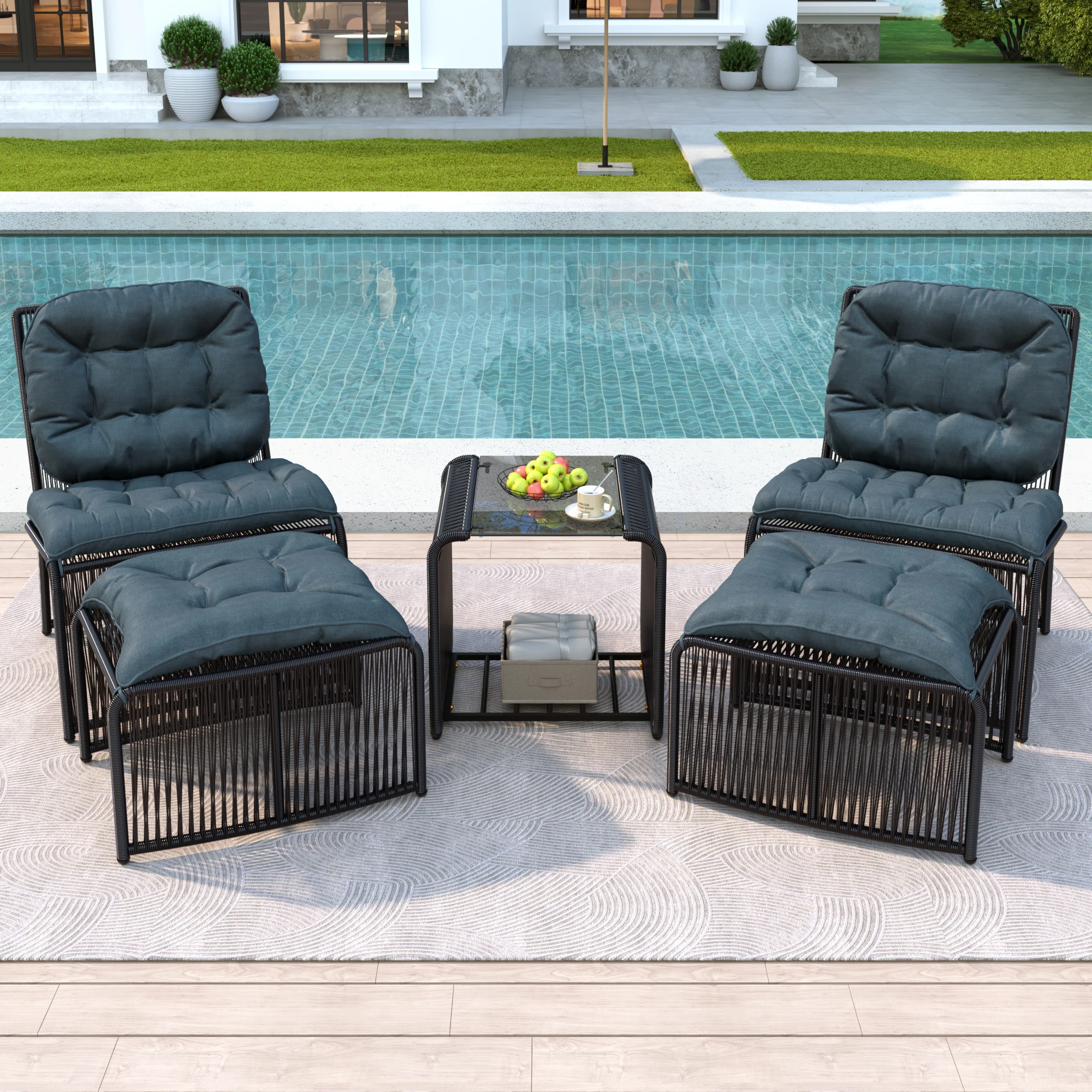 Set di mobili da giardino per esterni in 5 pezzi con tavolo, 2 sedie, 2 pouf, struttura in ferro, rattan PE, cuscini, piano in vetro - Resistente alle intemperie