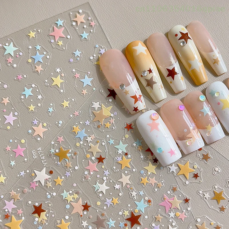 5D Relief Kawaii Bunte Stern-Nagelkunst-Aufkleber Multi Macaron Mangxing Nageldekoration Selbstklebende Abziehbilder Zubehör DIY Image