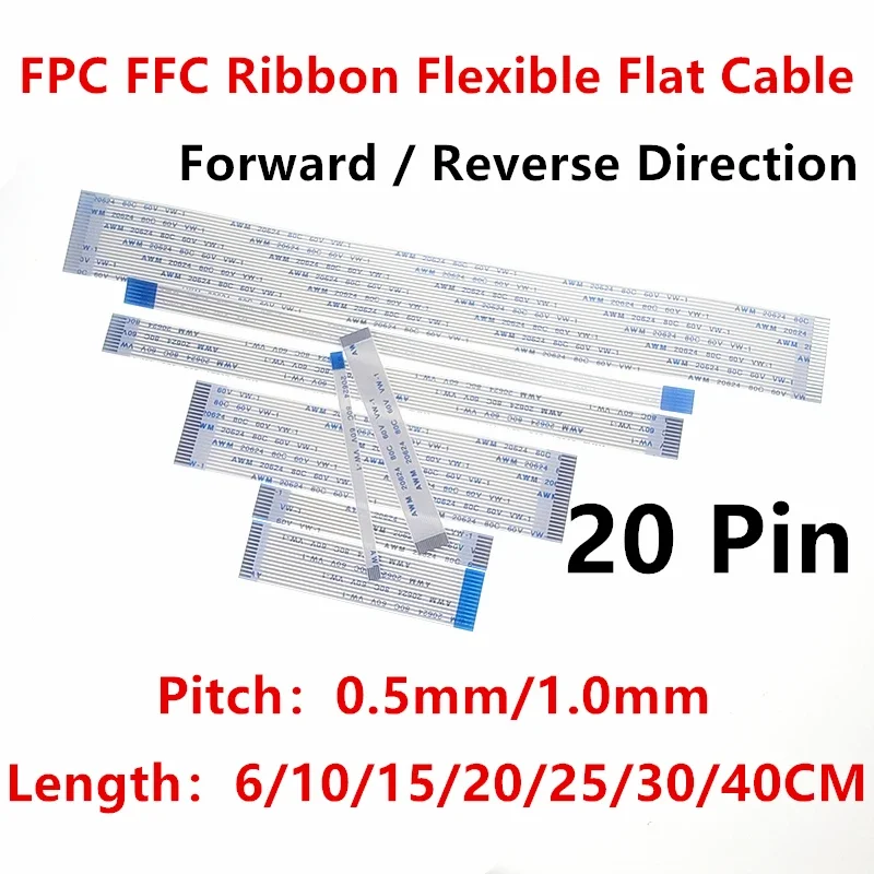 10 Stück FPC FFC Flachbandkabel, flexibel, 20-polig, Rastermaß 0,5 mm, 1,0 mm, AWM 20624 80C 60V, Länge 6/10/15/20/25/30/40 cm, Vorwärts/Rückwärts
