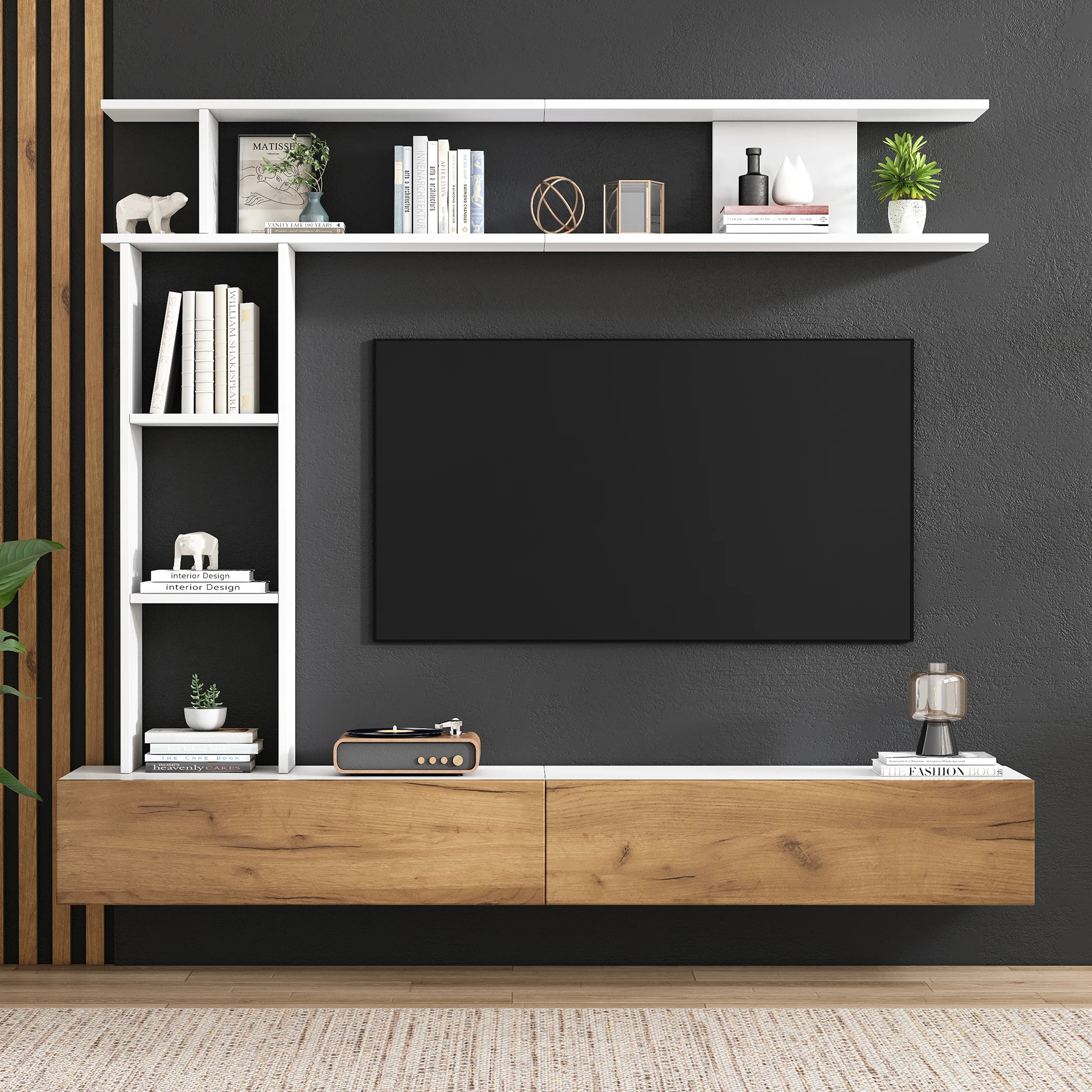 KOMHTOM TV-Wohnwand-Set Mediawand - Komplett mit TV-Board, Vitrinen, Stand- und Wandregal, stehend & hängend montierbar