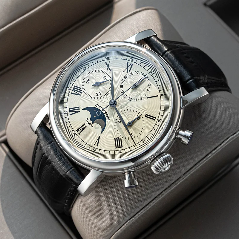 Sugess Chronograph ST1908 Bewegung Vintage Leder Uhr Handaufzug Mechanische 59 Räder Echtem Mondphase Kalender Image
