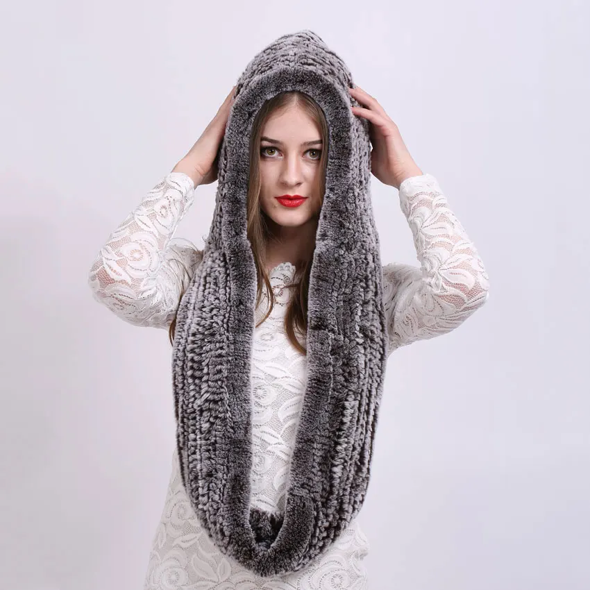 Cappello da donna in vera pelliccia di coniglio Rex lavorato a maglia Sciarpa con cappuccio Cappelli invernali per donna Berretto autunnale Caldo cappello di pelliccia naturale con sciarpe al collo