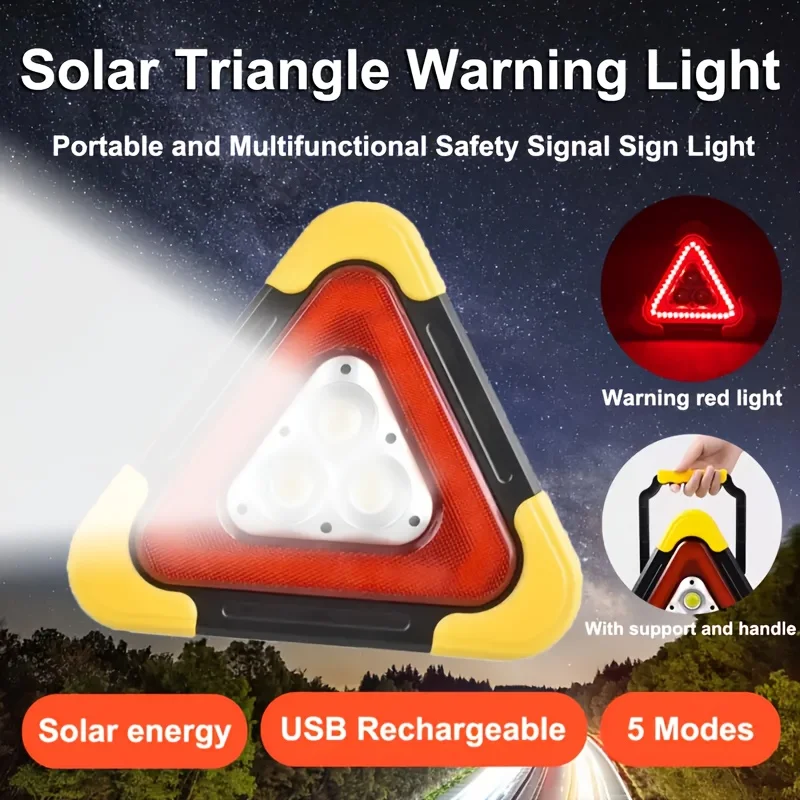 Tragbares solarbetriebenes Auto-Notfallwarnlicht, Auto-LED-Dreieck-Signallampe, 5 Modi mit Griff, Auto-Reparatur am Straßenrand, Sicherheit Image