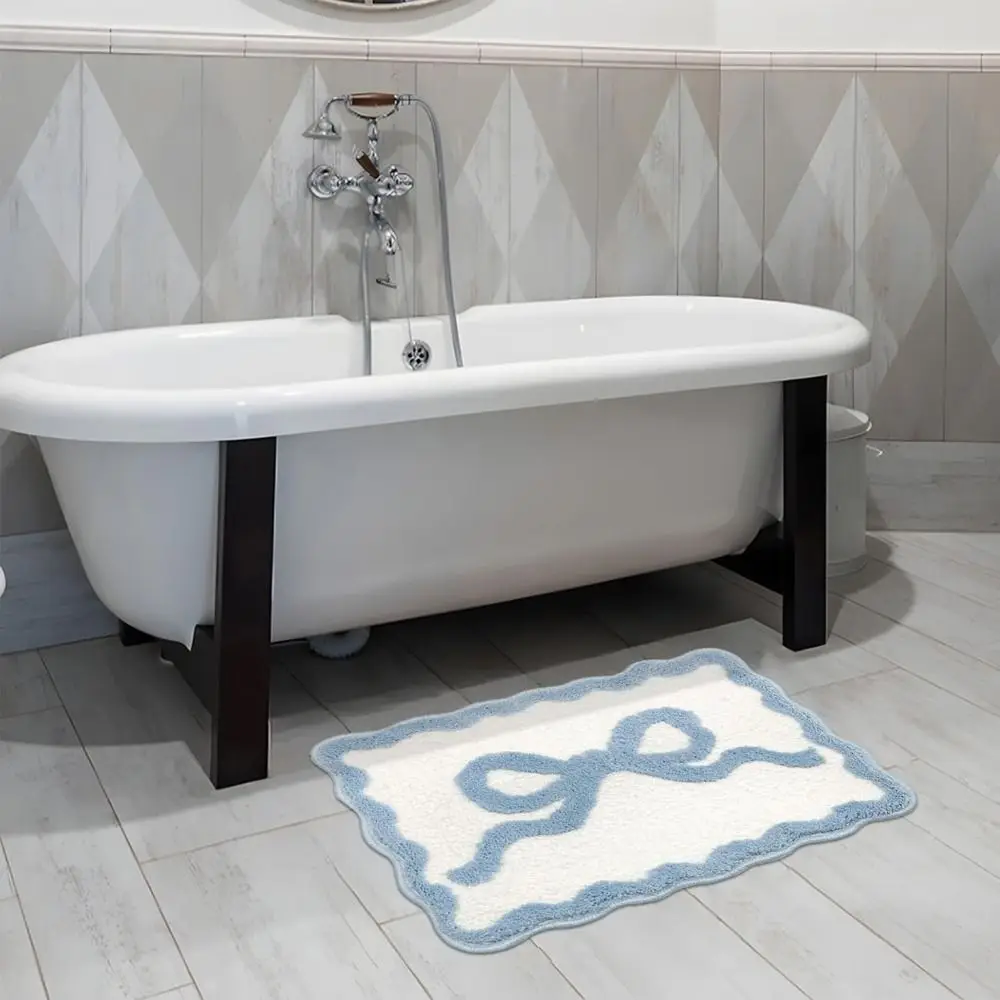 Pink Blue Bow Bathroom Rugs Coquette Aesthetic Bow Decor Cute Bath Mat Preppy Scalloped Rug for Bedroom Kitchen Bathroom Floor
