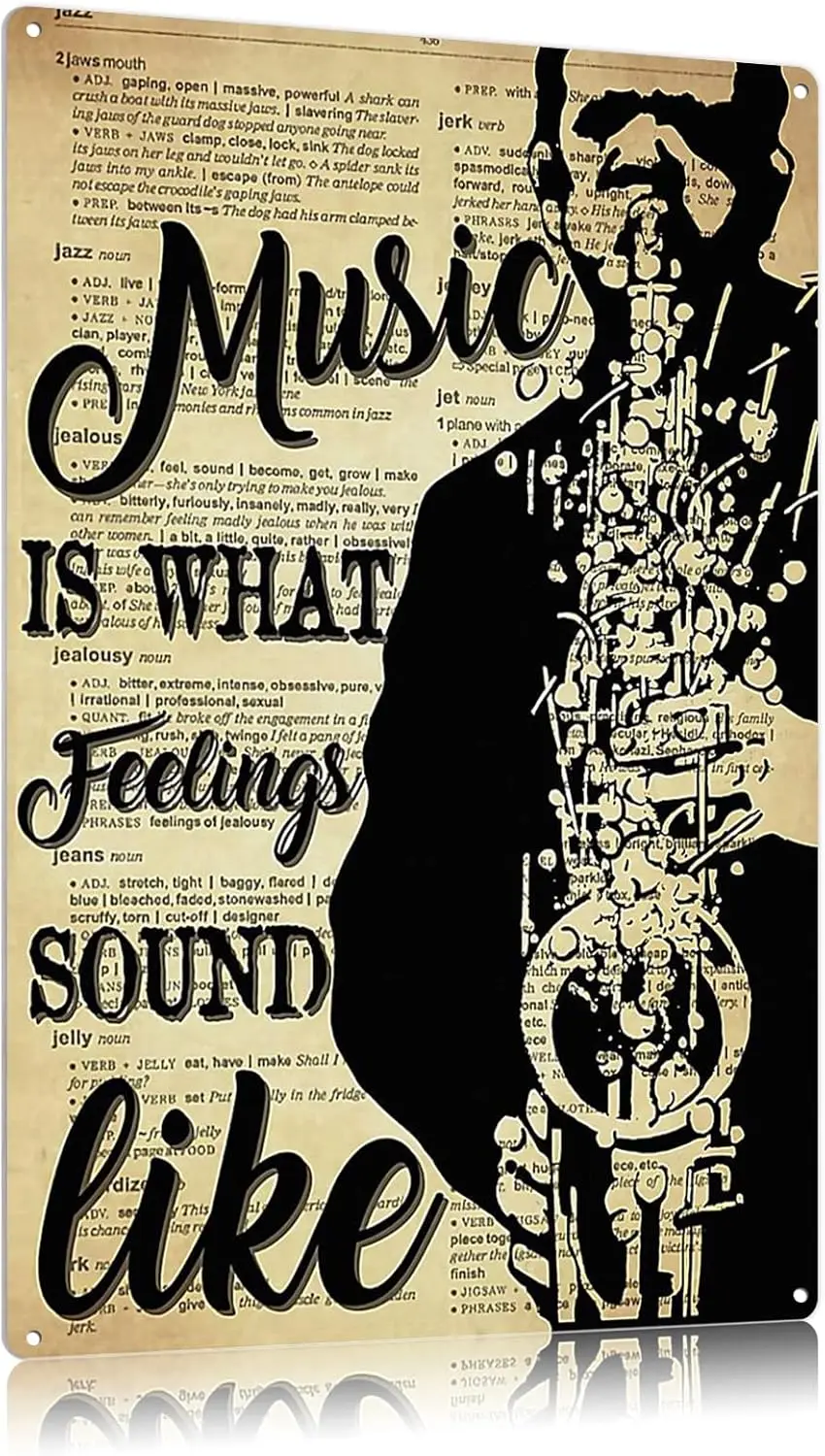 UOAIUDT Vintage Saxophon Poster Metallschild „Musik ist, was Gefühle klingen lassen“ Blechschilder Retro-Plakette Wanddekoration Geschenk für Zuhause Image