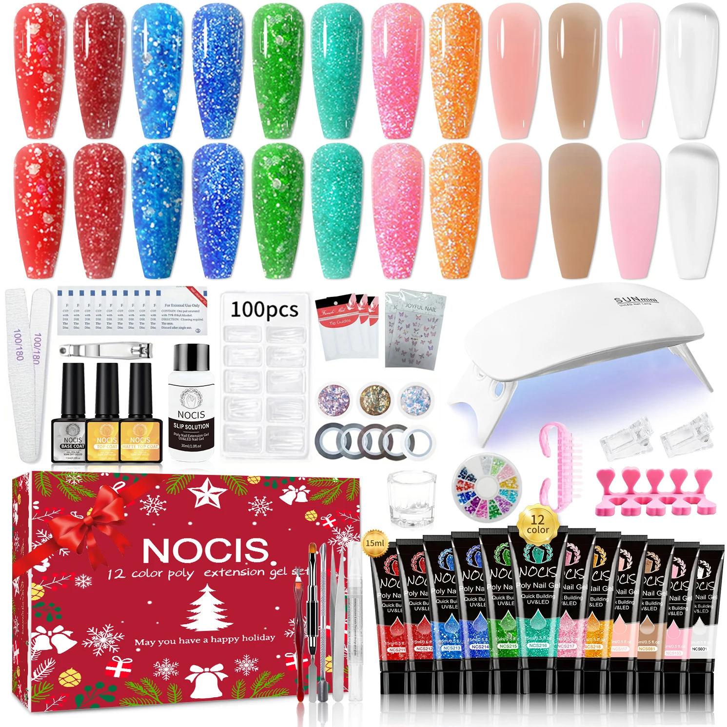 Poly Nagelverlängerungs-Gel-Set -NOCIS Weihnachten 12 Farben Poly Nagel-Gel Glitzer Goldene Klassische Farben Weihnachts-Aufbaugel Image