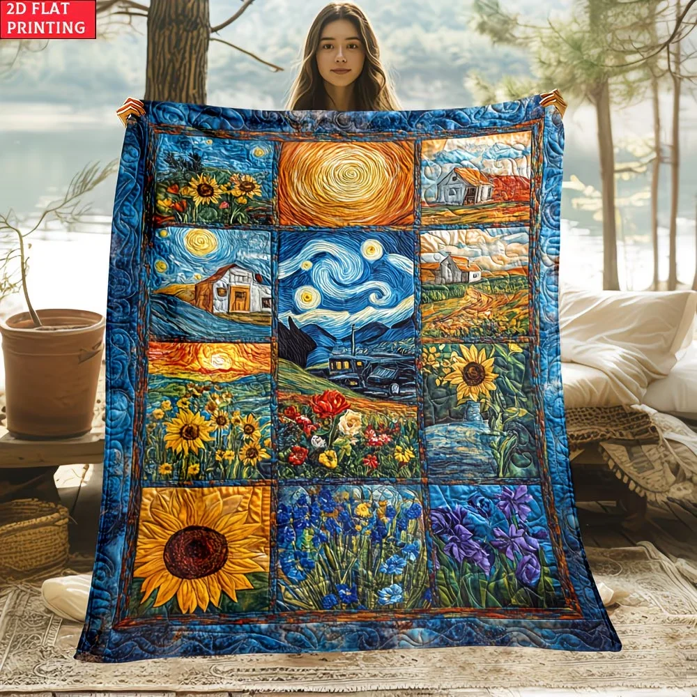2D Flache 1-teilige Van Gogh Sternennacht-Decke, geeignet für Sofa, Schlafzimmer, Wohnzimmer, Bett, Couch, Stuhl, weiche und warme Decke Image