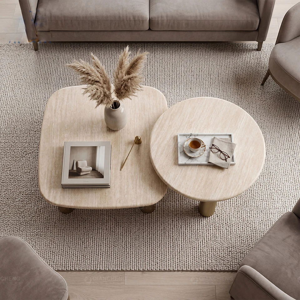 Moderner runder Couchtisch mit Glasplatte, Konsolentisch für Wohnzimmermöbel, Beistelltisch aus Steinoptik