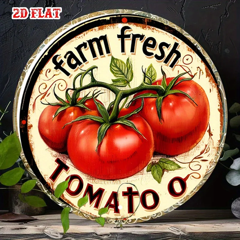 Vintage-Schild aus Metall mit der Aufschrift „Farm Fresh Tomato“, rustikale Aluminium-Wandkunst für die Dekoration von Küche, Café und im Freien Image