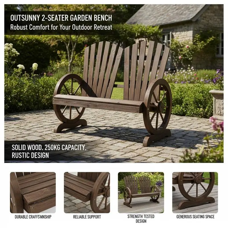 Banc de jardin 2 places en bois massif, banc avec accoudoirs, mobilier de jardin résistant à 250 kg, banc rustique pour jardin, terrasse et a