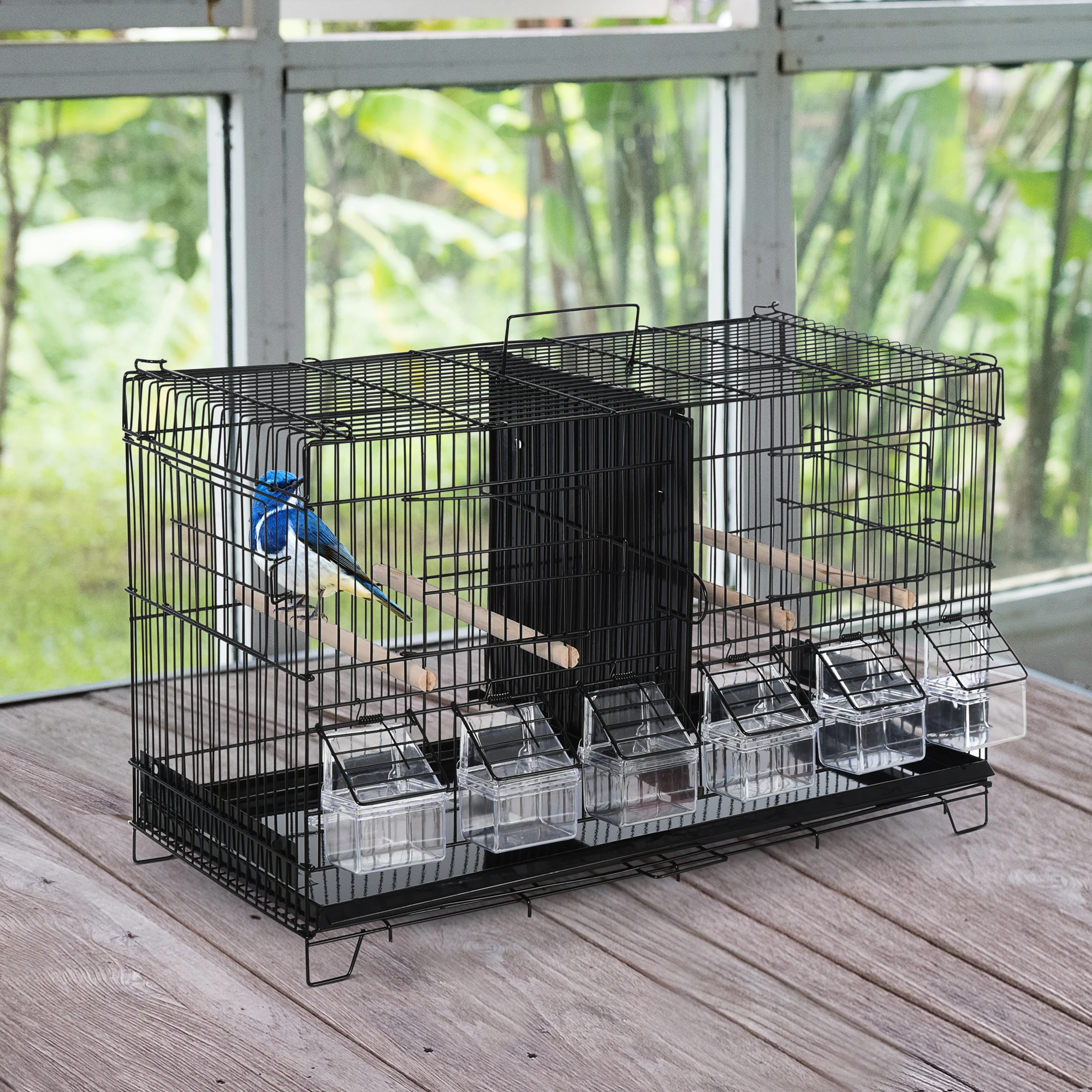Vogelkäfig dim. 59,5L x 26,5I x 39,5H cm Hängeschalenfutterspender mit 4 Türen, herausnehmbarem Abfallfach und Tragegriff