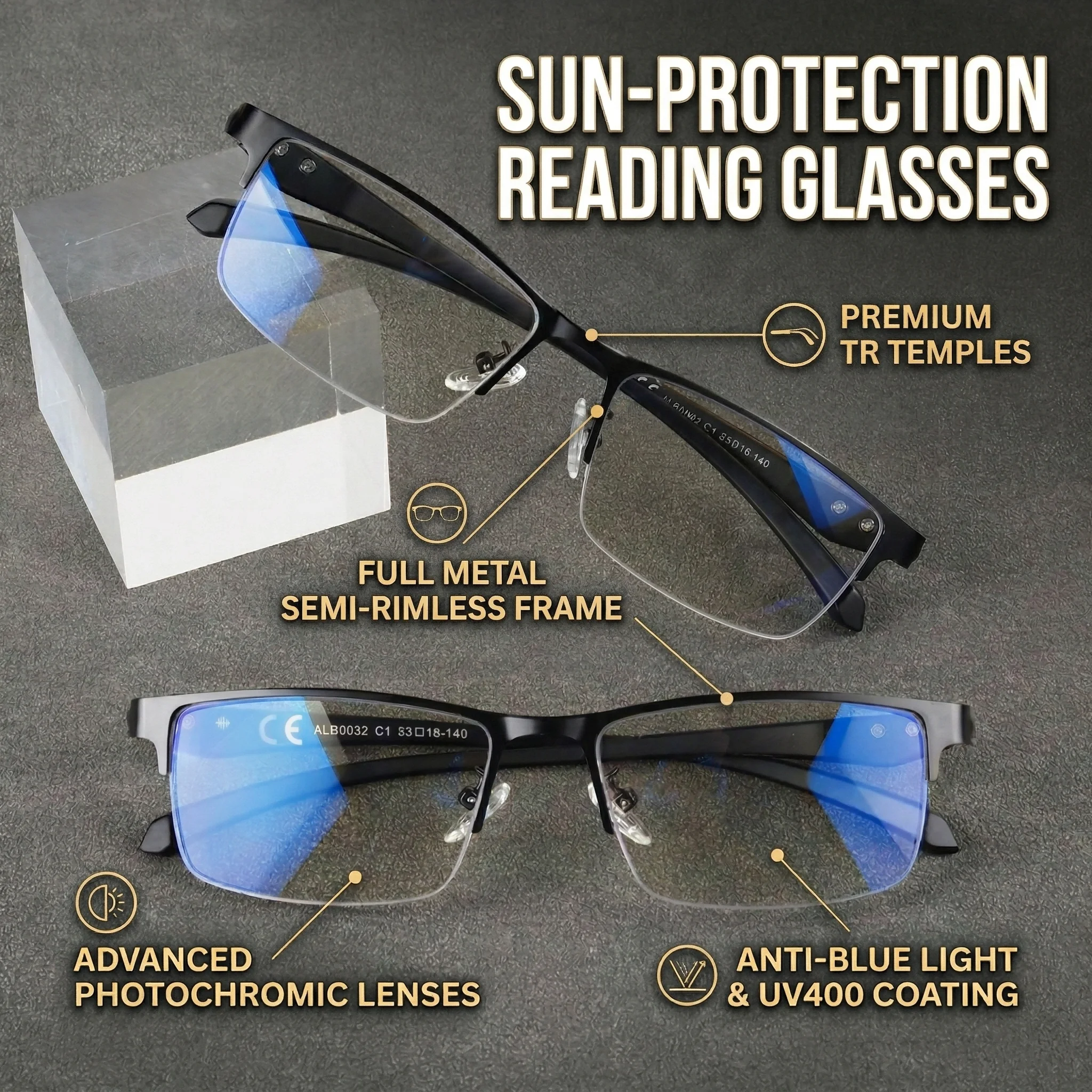Progressive Multifokale Photochrome Lesebrille für Damen und Herren, TR90-Gestell, Leichter Langlebiger Rahmen, Luxuriöser Designer-Stil, Klare Gläser 032 Image